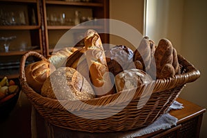 basket of freshly baked artisan breads, ready to be enjoyed