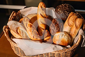 basket of freshly baked bread, including rolls, buns, and baguettes