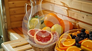 A basket of freshly fruits and a pitcher of infused water sit nearby providing nourishment for the mothers during their