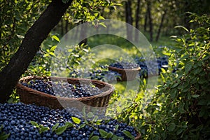 Basket of freshly picked blueberries in an orchard ready for harvest