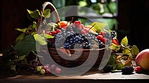 A basket of fruit is sitting on a table next to an apple, AI