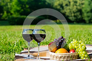 basket of fruit and two glasses of wine in the nature for relaxation