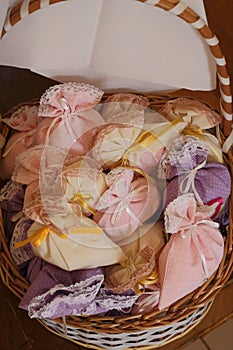 Basket full of aromathic sachet. It is a good idea of souvenir to give to guests after a party