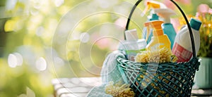 a basket full of cleaning products,