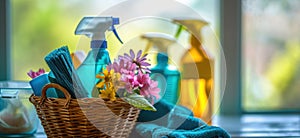 a basket full of cleaning products,
