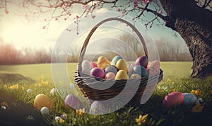 a basket full of colored eggs sitting in the grass next to a tree with flowers in the grass and a tree with a blossomy branch in