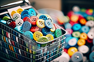 Basket full of colorful buttons sitting on top of table next to pile of other buttons. Generative AI