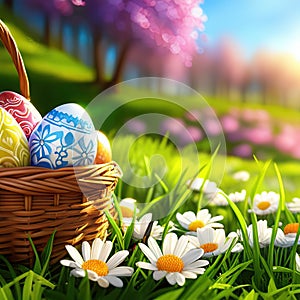 Basket full of colorful easter eggs on green grass in the garden on a sunny day.