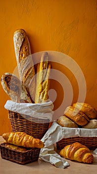 A basket full of different types of bread on a table