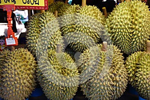 Basket full of durians at Talad Thai fruits market