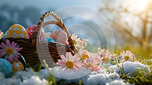 Basket full of Easter eggs and spring flowers on a meadow with the rests of the melting snow.