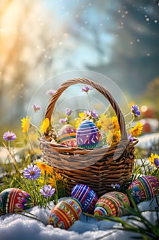 Basket full of Easter eggs and spring flowers on a meadow with the rests of the melting snow.