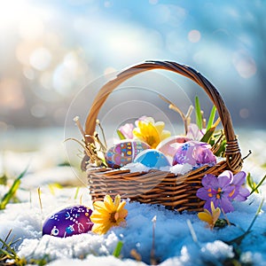 Basket full of Easter eggs and spring flowers on a meadow with the rests of the melting snow.