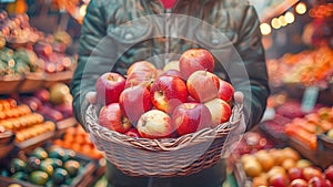 Basket full of fresh, ripe, red apples cradled in farmer's hands at local, farm market