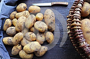 Basket full of fresh, young potatoes , towel and knife on wooden background, top view