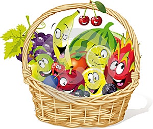 Basket full of fruit character cartoon - vector illustration
