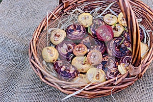 Basket full of gladioli bulbs, close-up