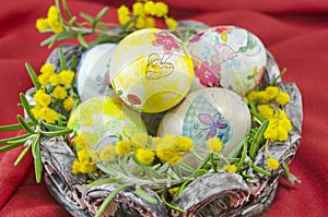 Basket full of handcolored Easter Eggs in decoupage