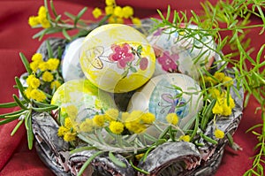 Basket full of handcolored Easter Eggs in decoupage