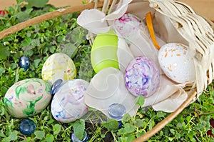 Basket full of handcolored Easter Eggs in decoupage