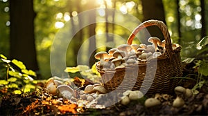 basket full of mushrooms in nature.