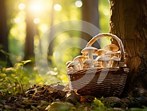 basket full of mushrooms in nature.