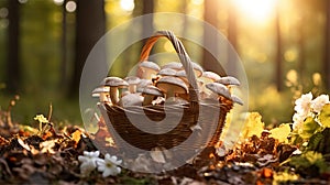 basket full of mushrooms in nature.