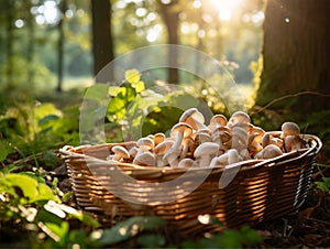 basket full of mushrooms in nature.