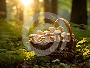 basket full of mushrooms in nature.