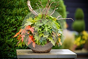 basket full of pruned off leaves next to a topiary