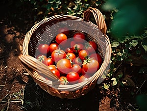 Basket full of red freshly picked tomatoes standing on green grass