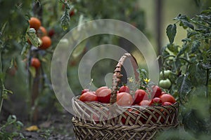 Basket full red tomatoes plants. freshly picked wicker basket. rustic. rich harvest Process greenhouse organic vegetable garden.