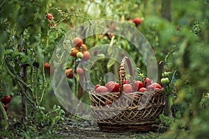 Basket full red tomatoes plants. freshly picked wicker basket. rustic. rich harvest Process greenhouse organic vegetable garden.