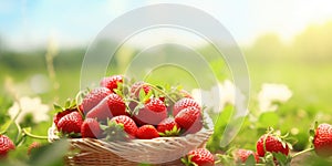 A basket full of strawberries sitting in the grass