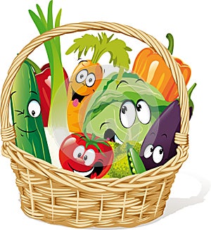 Basket full of vegetable character cartoon - funny vector