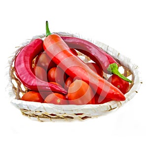 Basket full of vegetables cherry tomatoes hot pepper on a white background