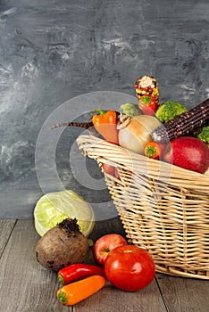 basket full of vegetables and fruits stands on the floor against a gray wall. Autumn and harvest time. Space for text