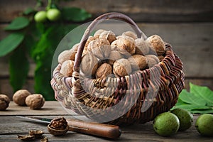 Basket full of walnuts. green and ripe walnuts, knife on wooden table