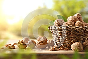 Basket full of walnuts on table in walnut field