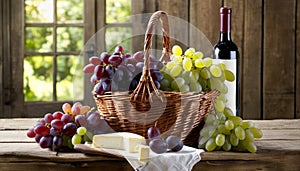 A basket of grapes and cheese on a table with a bottle of wine