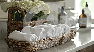 A basket of hot towels infused with fragrant oils waits nearby ready to soothe and rejuvenate your senses. 2d flat photo