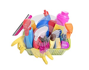 Basket with household cleaning products.