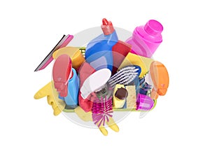 Basket with household cleaning products.