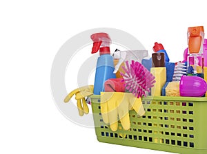 Basket with household cleaning products.