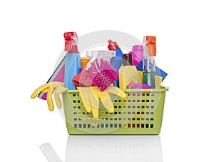 Basket with household cleaning products.