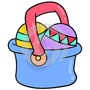 Basket icon containing painted easter eggs. carton emoticon. doodle icon drawing