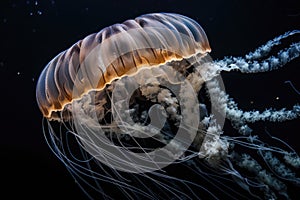 basket of jellyfish and cnidarians in shallow water, waves lapping at the shore