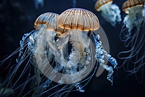 basket of jellyfish and cnidarians in shallow water, waves lapping at the shore