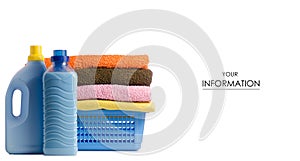 Basket with laundry towels liquid bottle powder conditioner softener pattern