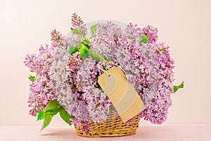 Basket of lilac pink flowers on pink background